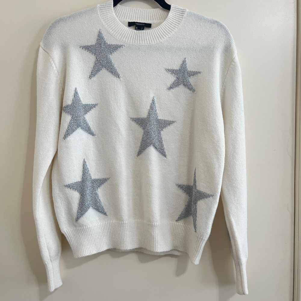 Forever 21 Women Star Sweater S Ivory Silver Celestial Indie Sleaze Y2K Crewneck